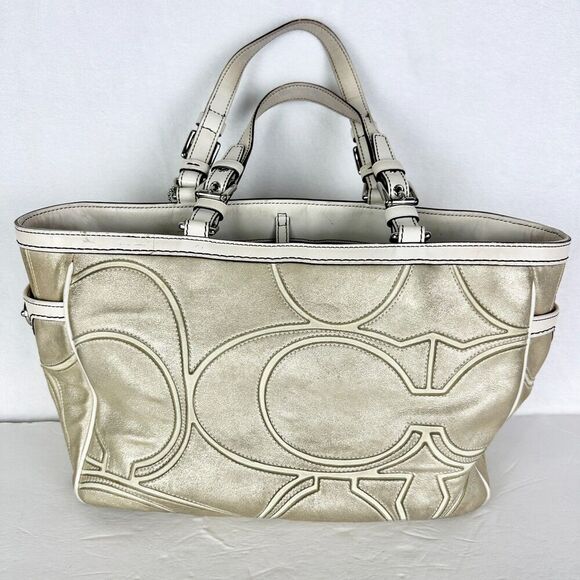 Coach Gallery Outline Metallic Leather Tote Purse Champagne Gold Signature Logo - Picture 2 of 10
